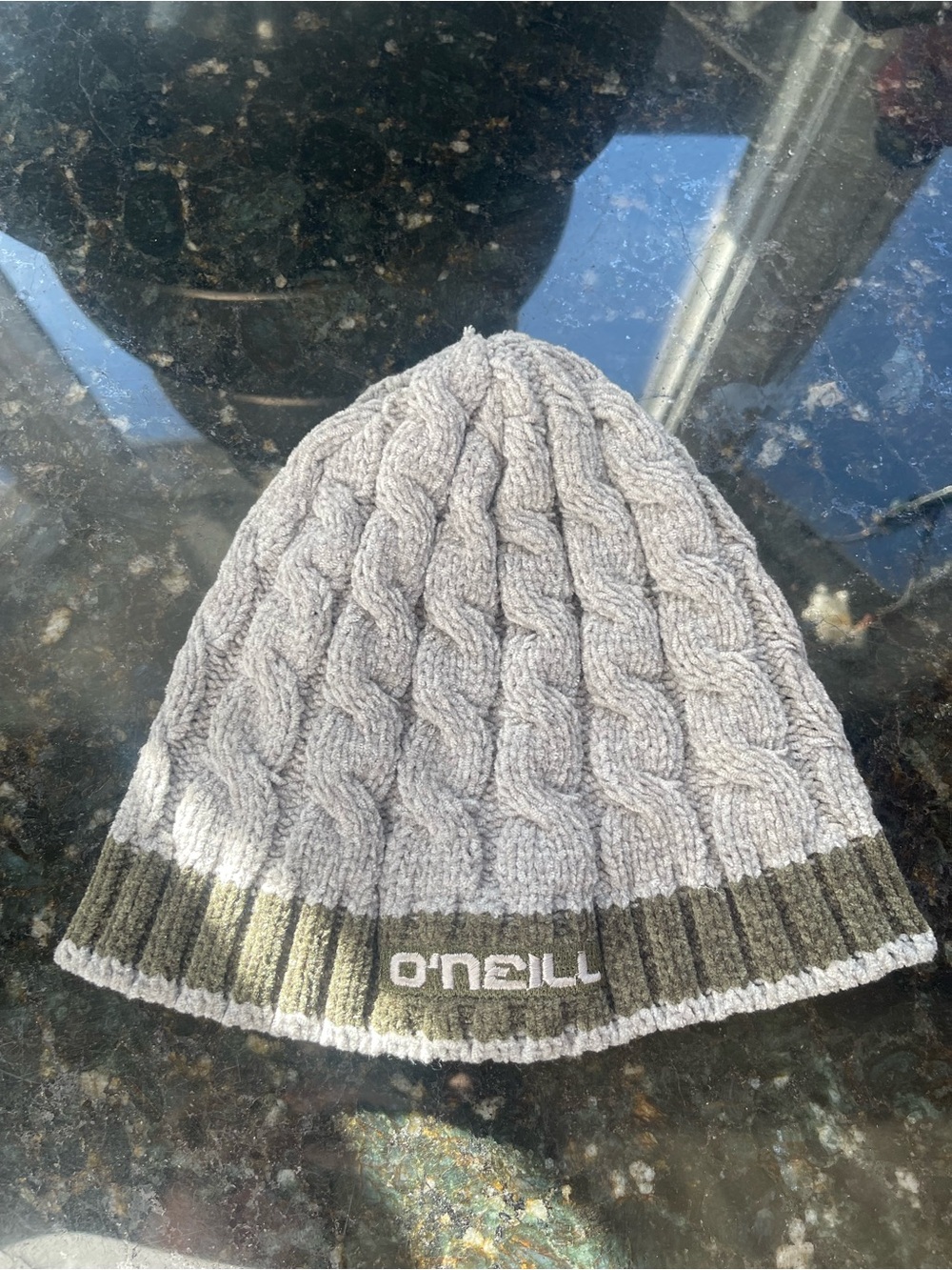O'Neill Gray Cable Knit Beanie with Olive Band